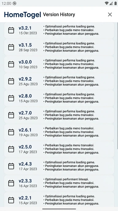 Tampilan riwayat versi hometogel